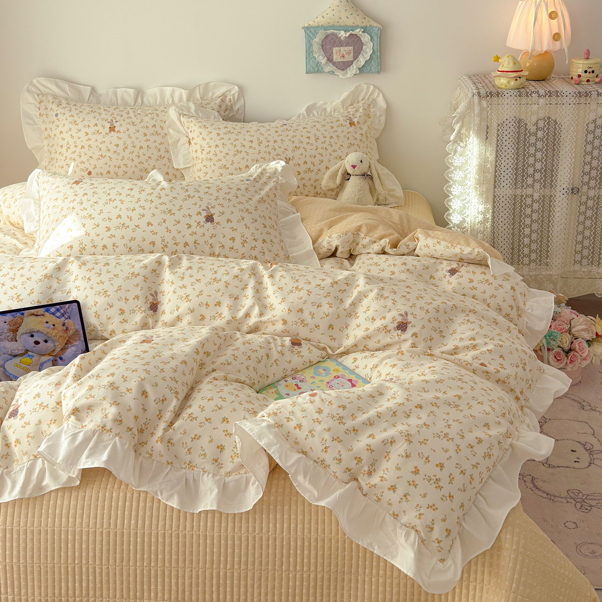 91家纺网 家纺一手货源 找家纺 （总）女子家纺 2026新款全棉纯棉绗缝花边床盖四件套