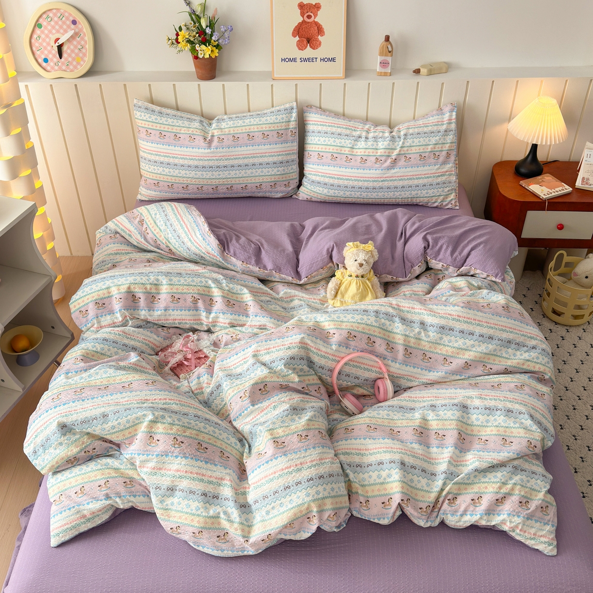 91家纺网 家纺一手货源 找家纺 （总）奈颜 2026新款A类泡芙纱印花四件套学生宿舍三件套-费尔岛系列