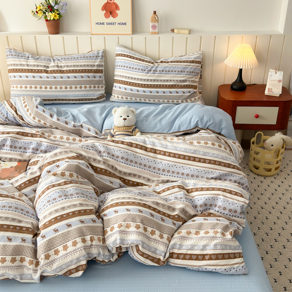 91家纺网 家纺一手货源 找家纺 奈颜 2026新款A类泡芙纱印花四件套学生宿舍三件套-费尔岛系列 费尔岛-麋鹿森林