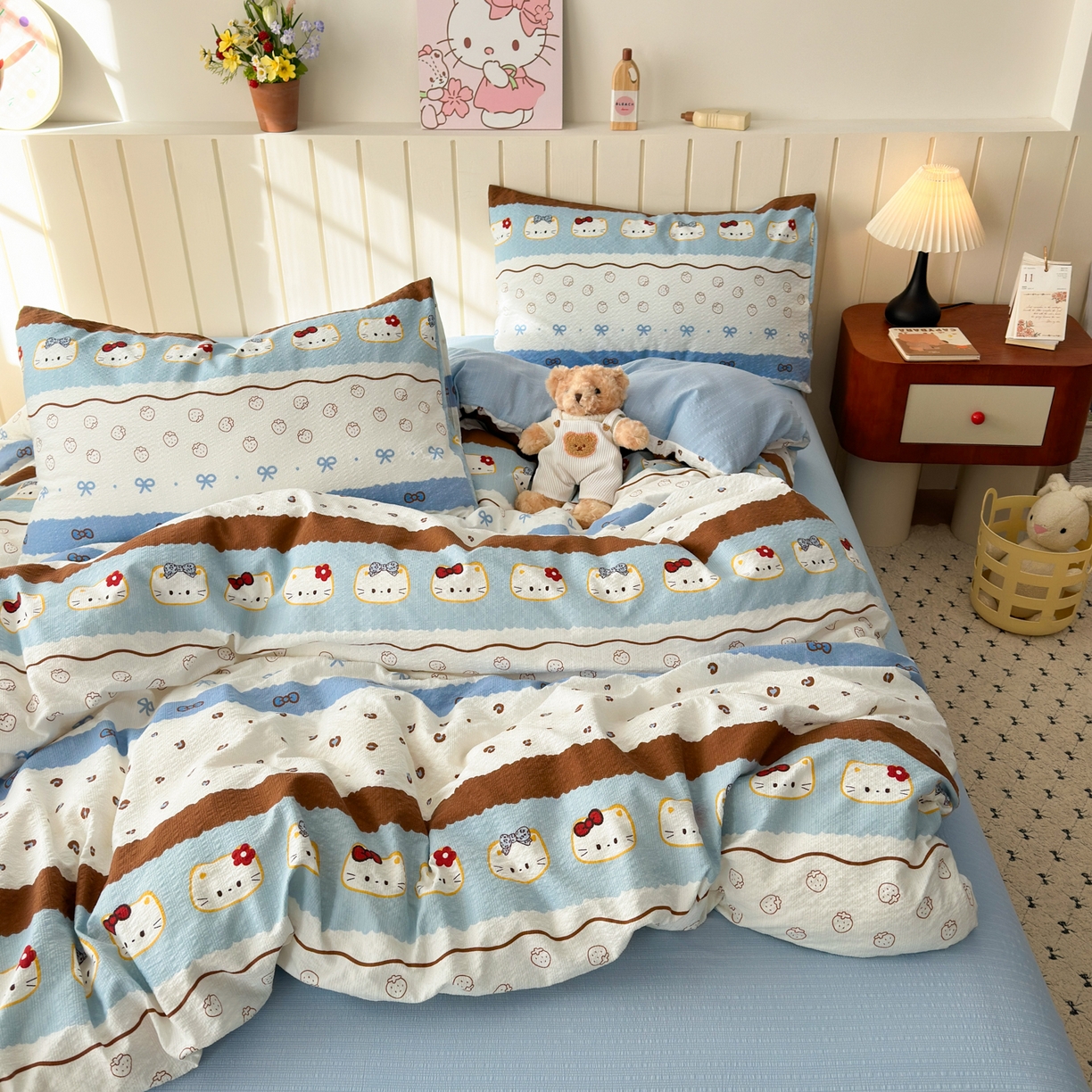 91家纺网 家纺一手货源 找家纺 奈颜 2026新款A类泡芙纱印花四件套学生宿舍三件套-费尔岛系列 费尔岛-小猫多多