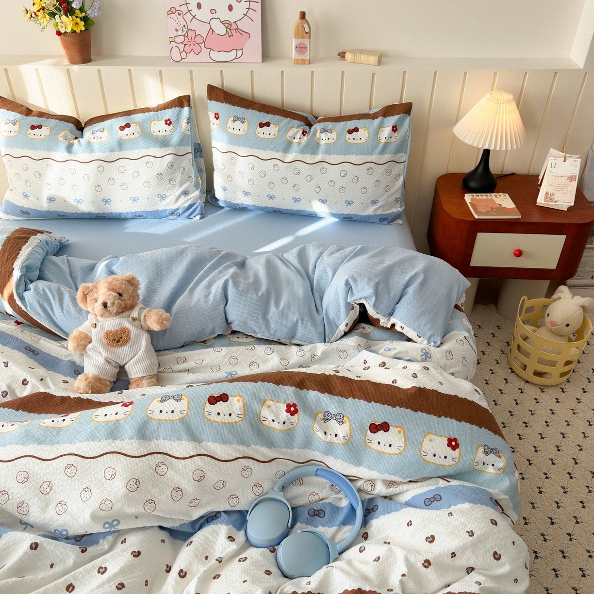 91家纺网 家纺一手货源 找家纺 奈颜 2026新款A类泡芙纱印花四件套学生宿舍三件套-费尔岛系列 费尔岛-小猫多多