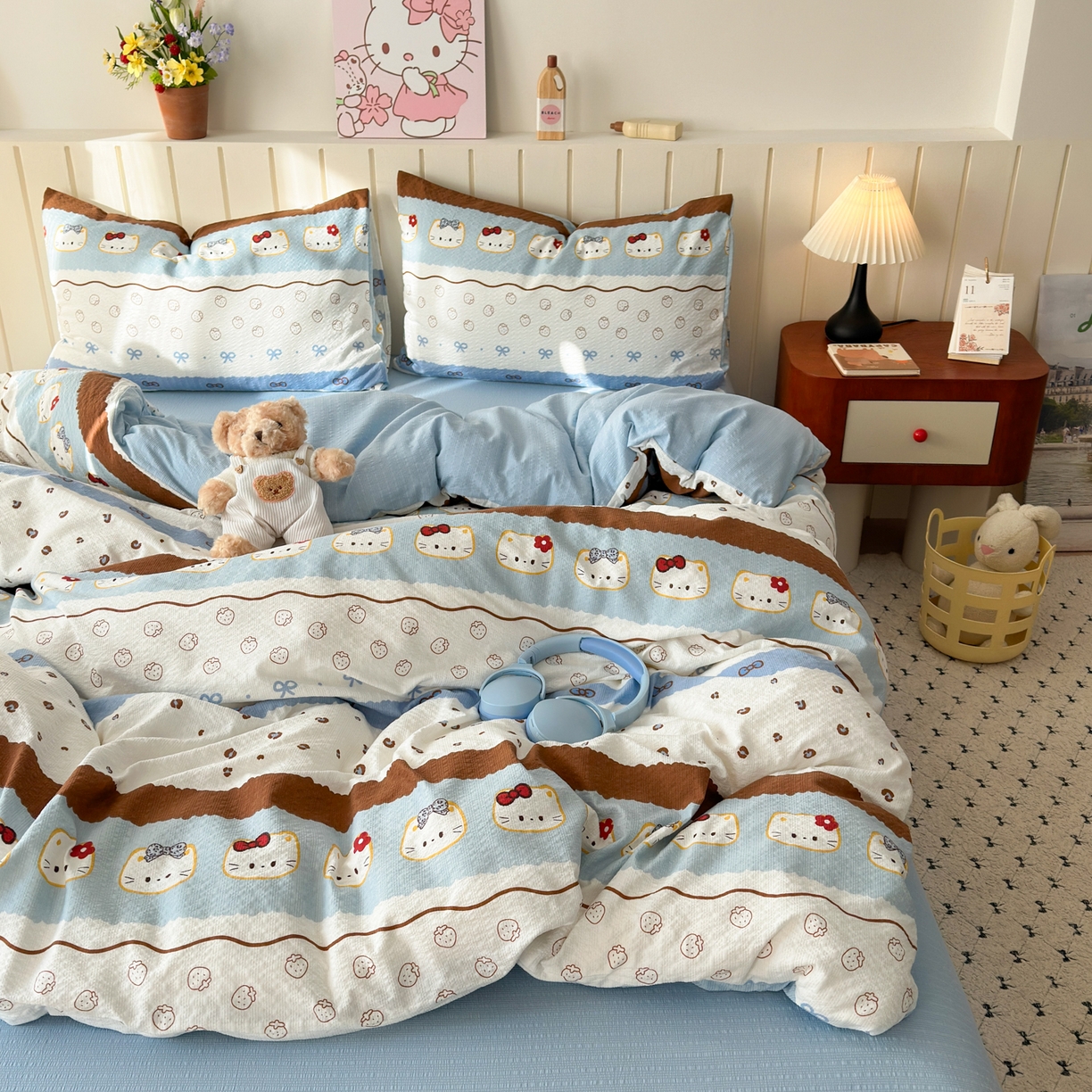 91家纺网 家纺一手货源 找家纺 奈颜 2026新款A类泡芙纱印花四件套学生宿舍三件套-费尔岛系列 费尔岛-小猫多多