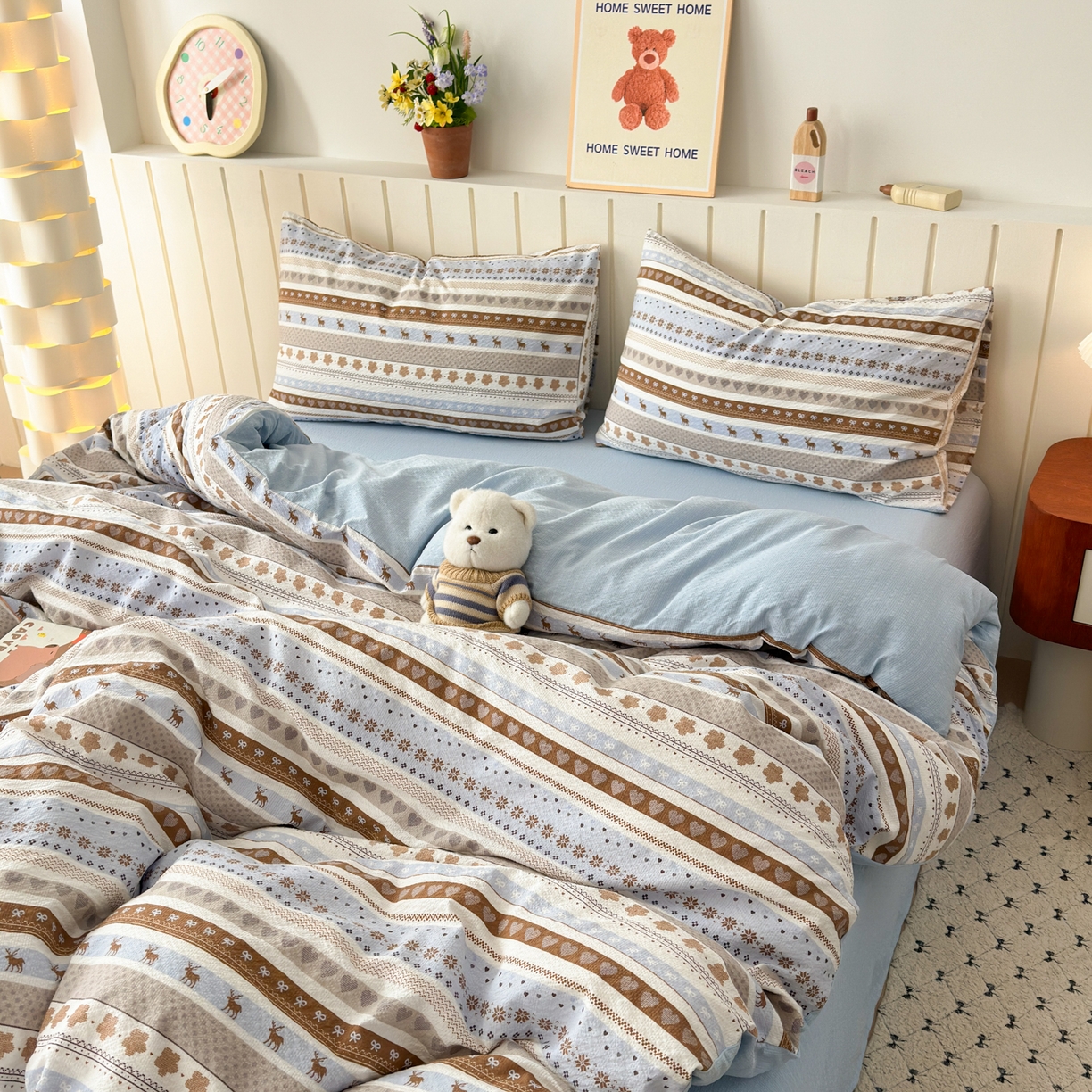 91家纺网 家纺一手货源 找家纺 奈颜 2026新款A类泡芙纱印花四件套学生宿舍三件套-费尔岛系列 费尔岛-麋鹿森林