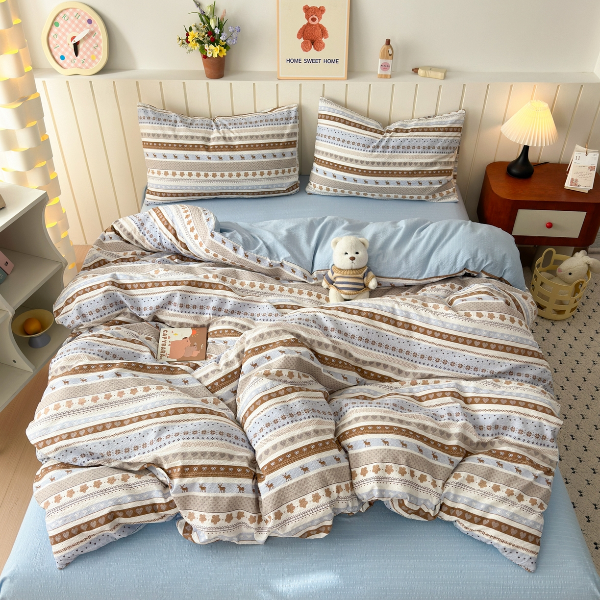 91家纺网 家纺一手货源 找家纺 奈颜 2026新款A类泡芙纱印花四件套学生宿舍三件套-费尔岛系列 费尔岛-麋鹿森林