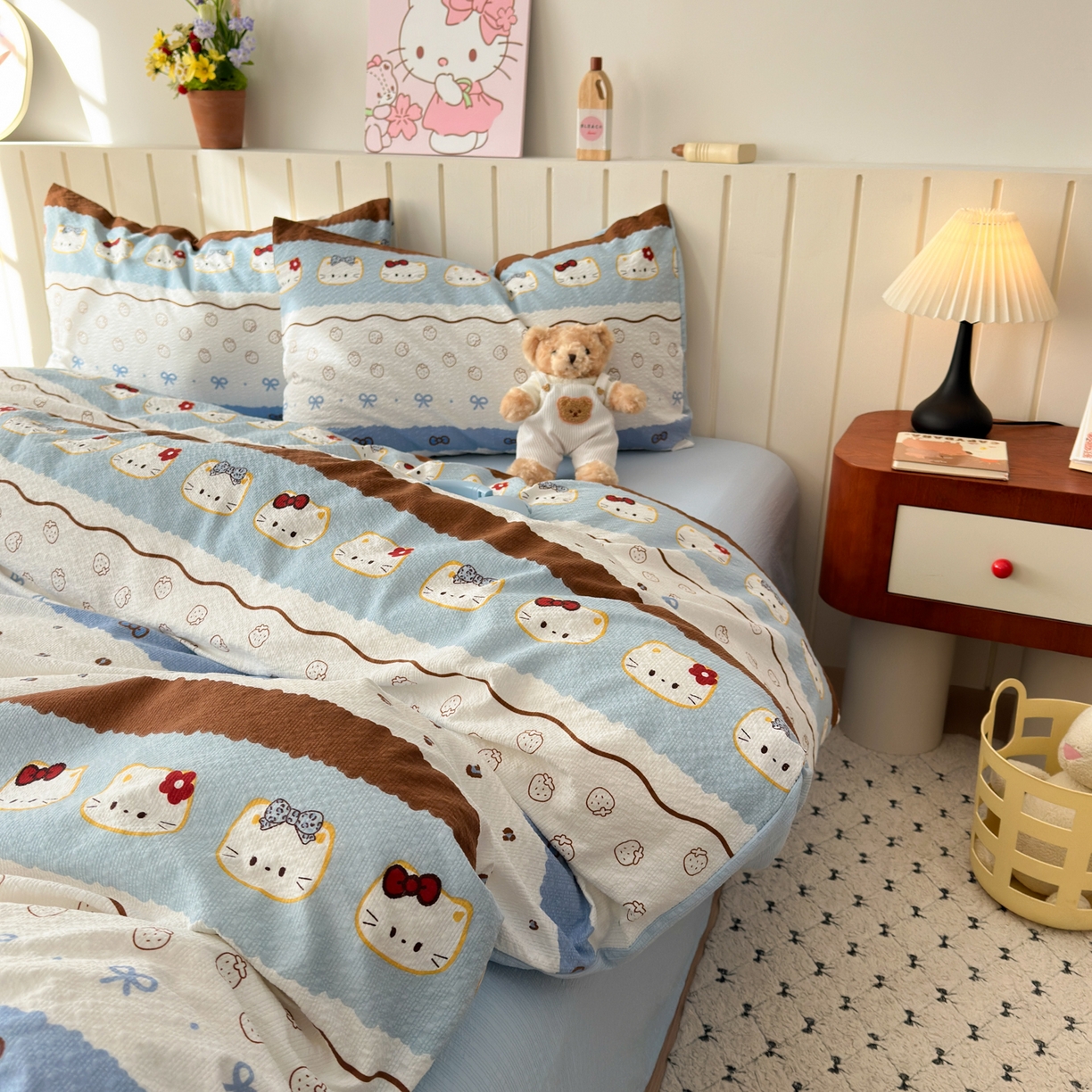 91家纺网 家纺一手货源 找家纺 奈颜 2026新款A类泡芙纱印花四件套学生宿舍三件套-费尔岛系列 费尔岛-小猫多多