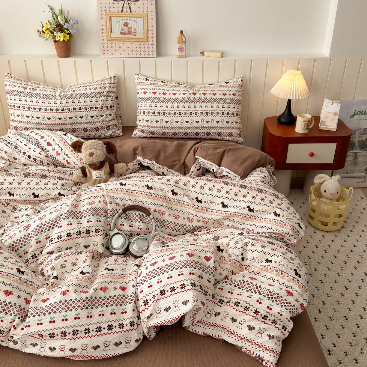 91家纺网 家纺一手货源 找家纺 奈颜 2026新款A类泡芙纱印花四件套学生宿舍三件套-费尔岛系列 费尔岛-小狗多多