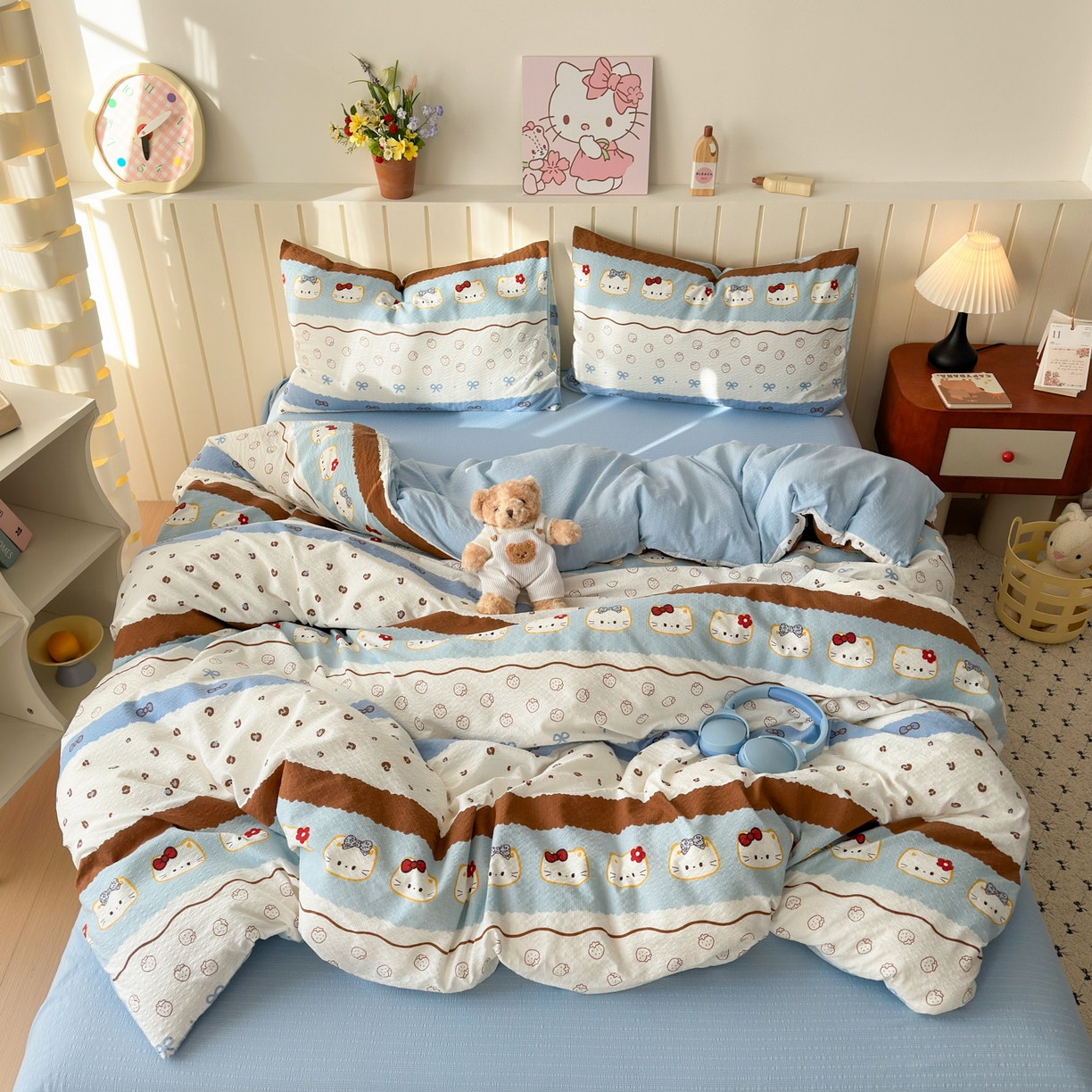 91家纺网 家纺一手货源 找家纺 奈颜 2026新款A类泡芙纱印花四件套学生宿舍三件套-费尔岛系列 费尔岛-小猫多多