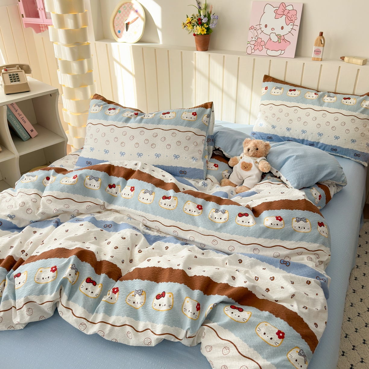 91家纺网 家纺一手货源 找家纺 奈颜 2026新款A类泡芙纱印花四件套学生宿舍三件套-费尔岛系列 费尔岛-小猫多多