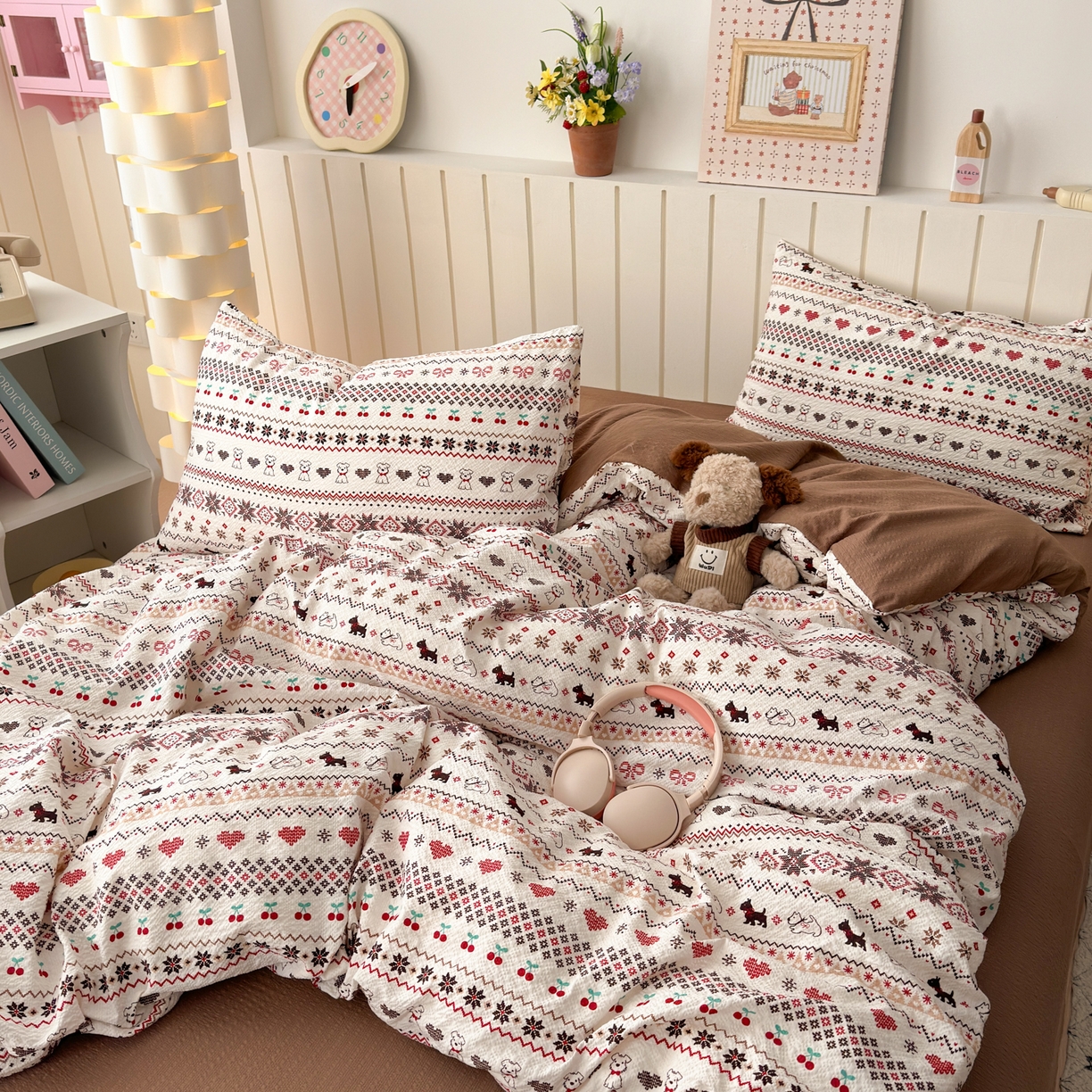 91家纺网 家纺一手货源 找家纺 奈颜 2026新款A类泡芙纱印花四件套学生宿舍三件套-费尔岛系列 费尔岛-小狗多多