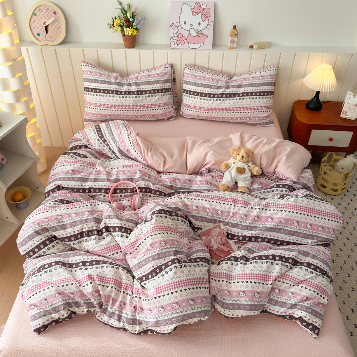 91家纺网 家纺一手货源 找家纺 奈颜 2026新款A类泡芙纱印花四件套学生宿舍三件套-费尔岛系列 费尔岛-草莓奶昔