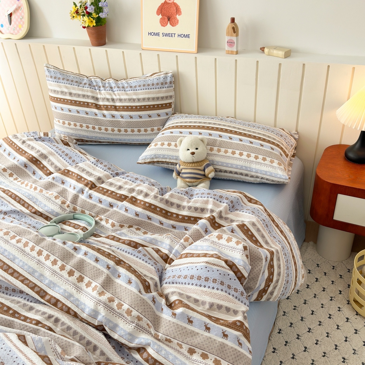 91家纺网 家纺一手货源 找家纺 奈颜 2026新款A类泡芙纱印花四件套学生宿舍三件套-费尔岛系列 费尔岛-麋鹿森林