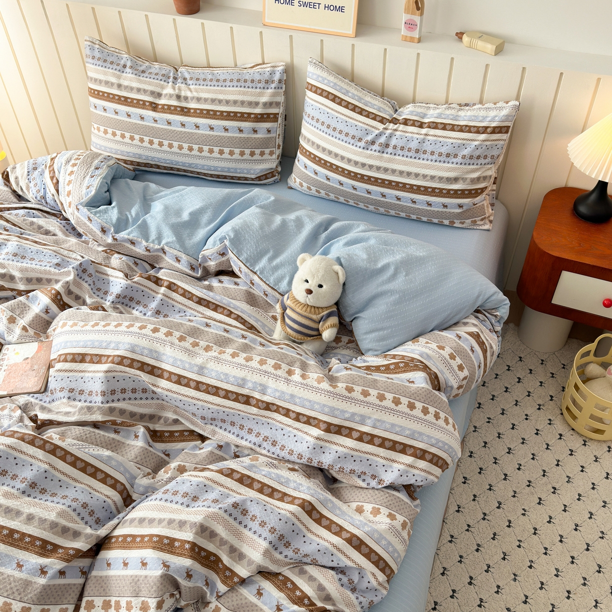 91家纺网 家纺一手货源 找家纺 奈颜 2026新款A类泡芙纱印花四件套学生宿舍三件套-费尔岛系列 费尔岛-麋鹿森林