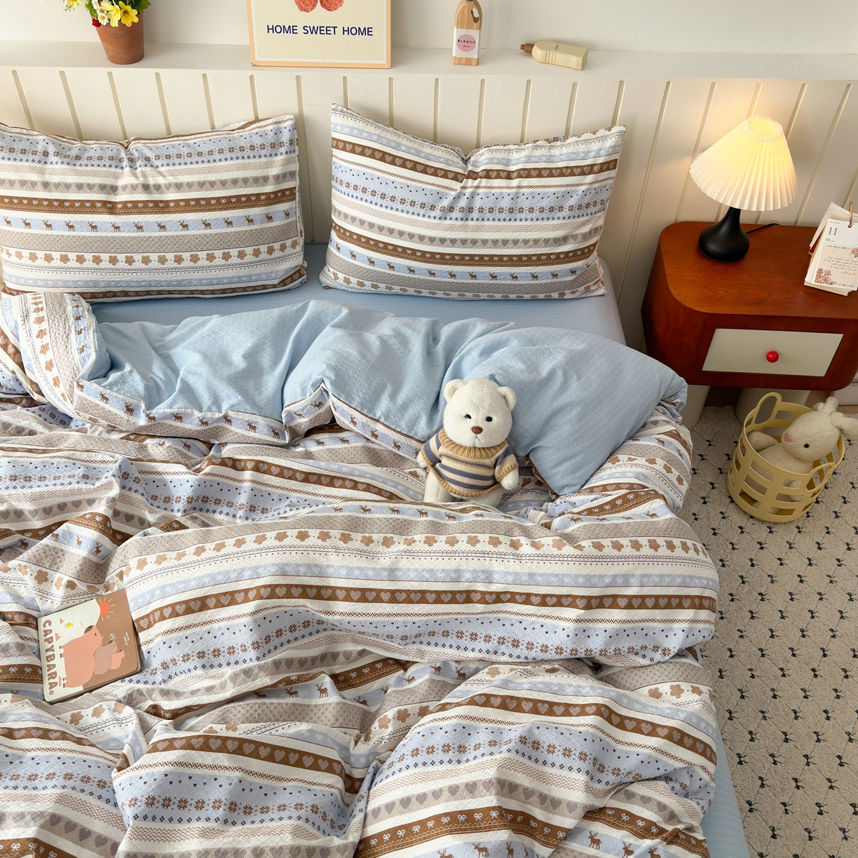 91家纺网 家纺一手货源 找家纺 奈颜 2026新款A类泡芙纱印花四件套学生宿舍三件套-费尔岛系列 费尔岛-麋鹿森林