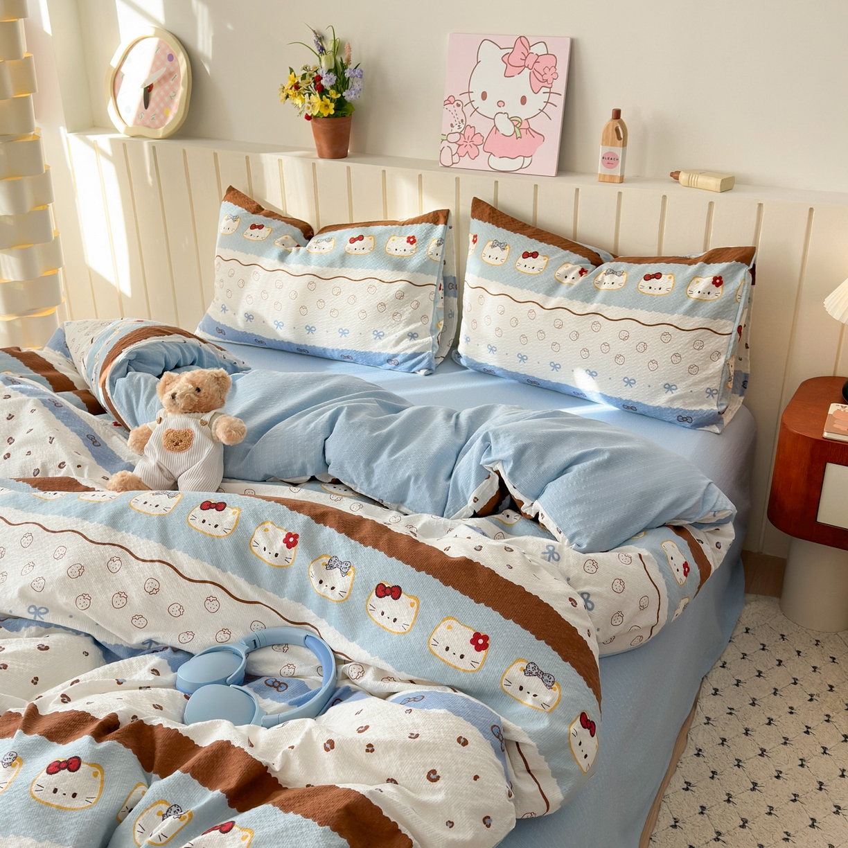 91家纺网 家纺一手货源 找家纺 奈颜 2026新款A类泡芙纱印花四件套学生宿舍三件套-费尔岛系列 费尔岛-小猫多多