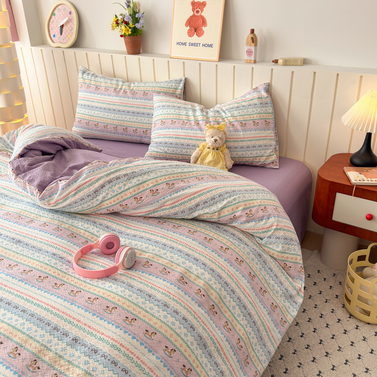 奈颜 2026新款A类泡芙纱印花四件套学生宿舍三件套-费尔岛系列 费尔岛-小马公仔