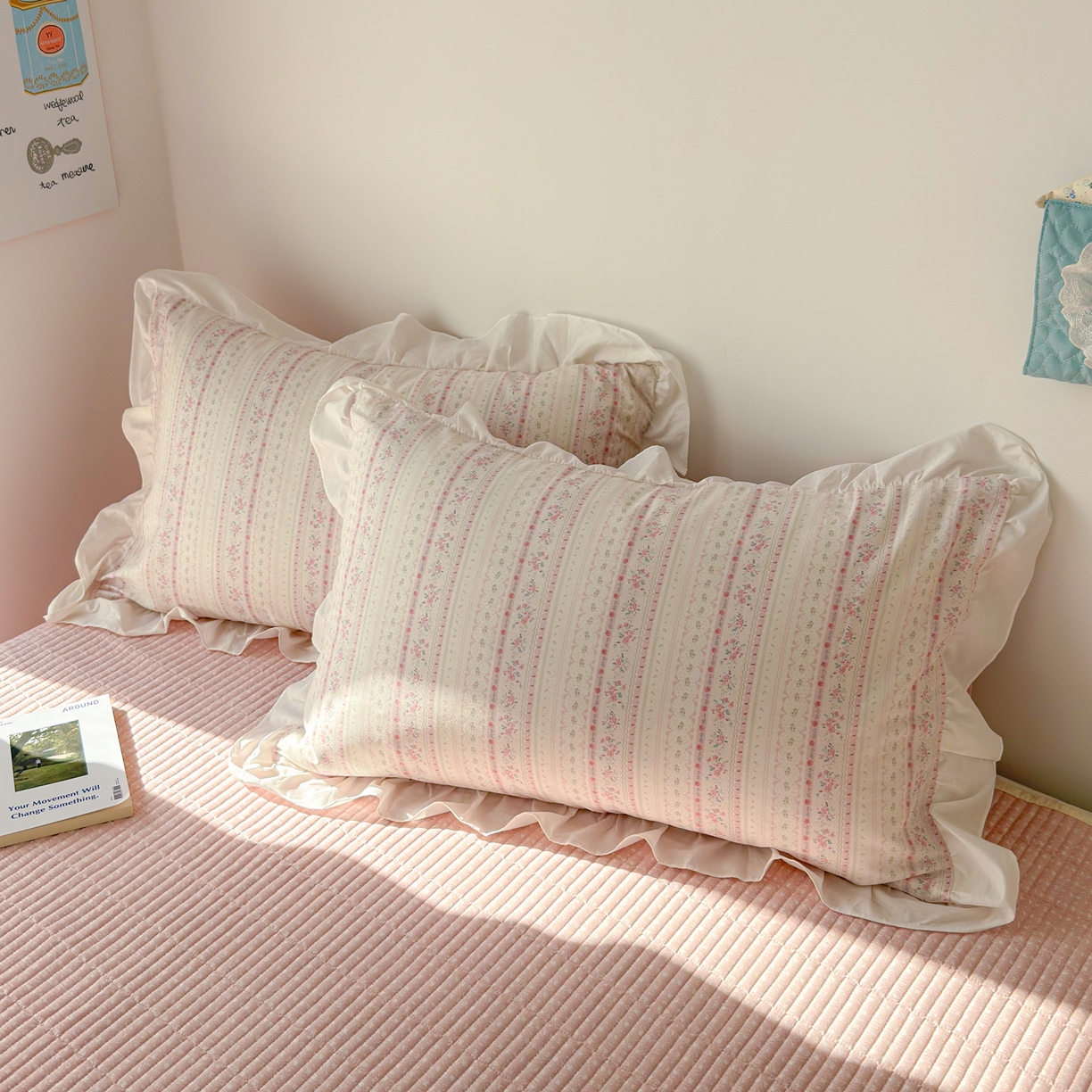 91家纺网 家纺一手货源 找家纺 女子家纺 2026新款全棉纯棉绗缝花边床盖四件套 素条花-粉