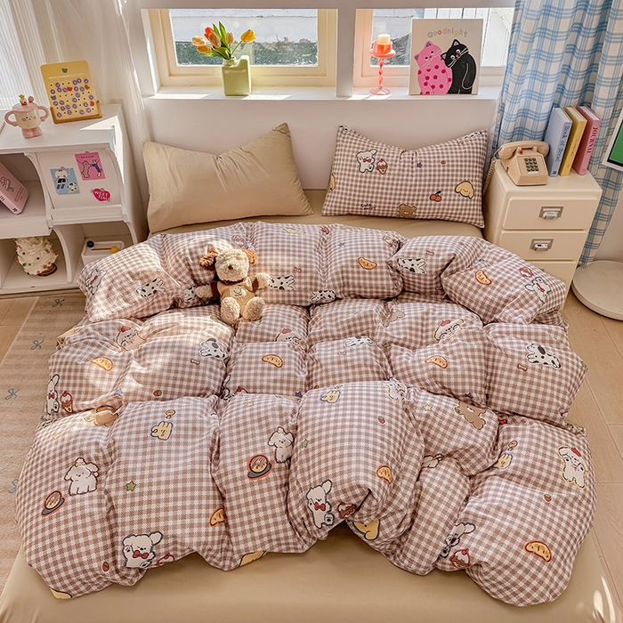 91家纺网 家纺一手货源 找家纺 缦彩 2026新款卡通全棉纯棉被套单被套被套单件 格子狗咖