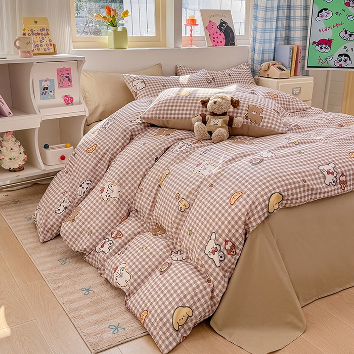 91家纺网 家纺一手货源 找家纺 缦彩 2026新款卡通全棉纯棉被套单被套被套单件 格子狗咖