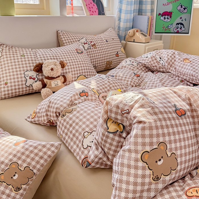 91家纺网 家纺一手货源 找家纺 缦彩 2026新款卡通全棉纯棉被套单被套被套单件 格子狗咖