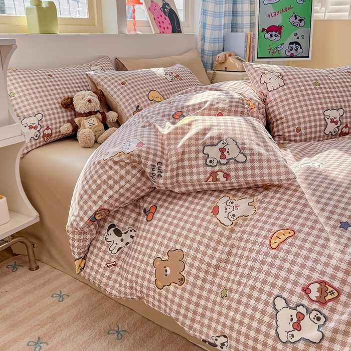 91家纺网 家纺一手货源 找家纺 缦彩 2026新款卡通全棉纯棉被套单被套被套单件 格子狗咖