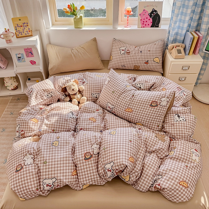 91家纺网 家纺一手货源 找家纺 缦彩 2026新款卡通全棉纯棉被套单被套被套单件 格子狗咖
