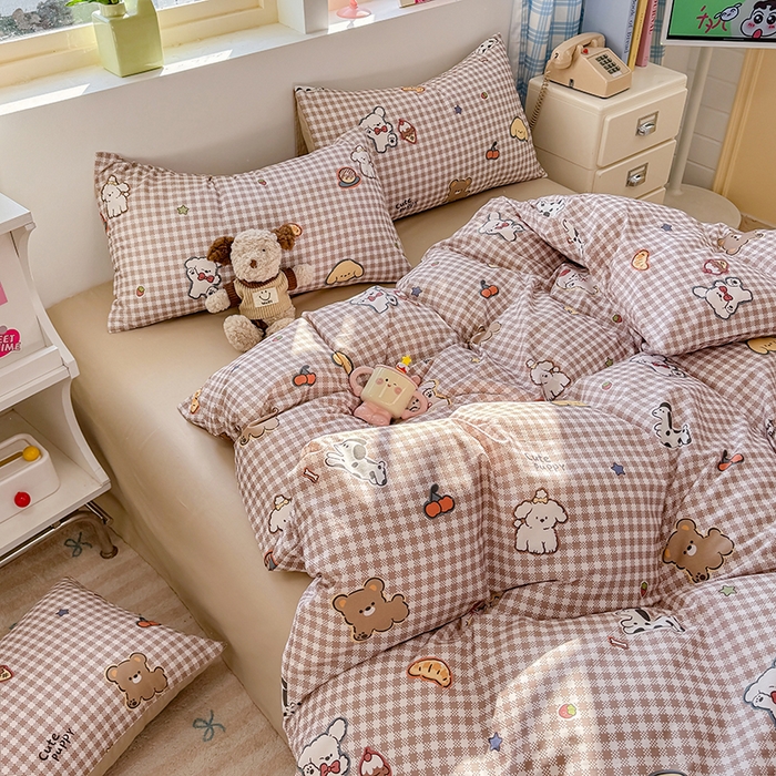 91家纺网 家纺一手货源 找家纺 缦彩 2026新款卡通全棉纯棉被套单被套被套单件 格子狗咖