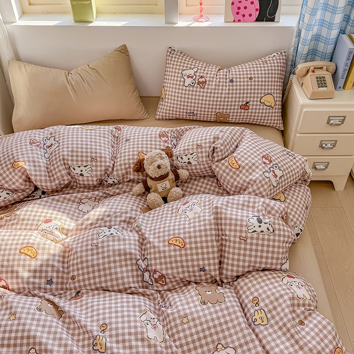 91家纺网 家纺一手货源 找家纺 缦彩 2026新款卡通全棉纯棉被套单被套被套单件 格子狗咖