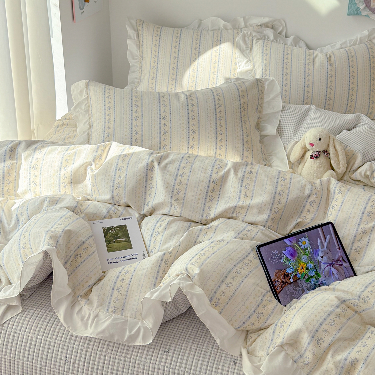 91家纺网 家纺一手货源 找家纺 女子家纺 2026新款全棉纯棉绗缝花边床盖四件套 素条花-蓝