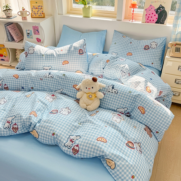 91家纺网 家纺一手货源 找家纺 缦彩 2026新款卡通全棉纯棉被套单被套被套单件 格子狗蓝
