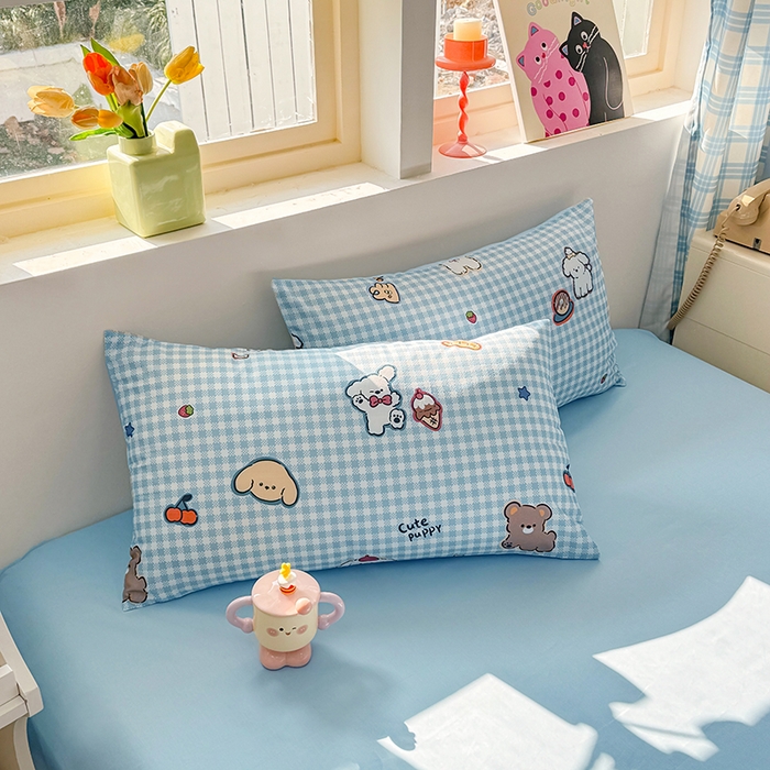 91家纺网 家纺一手货源 找家纺 缦彩 2026新款卡通全棉纯棉被套单被套被套单件 格子狗蓝