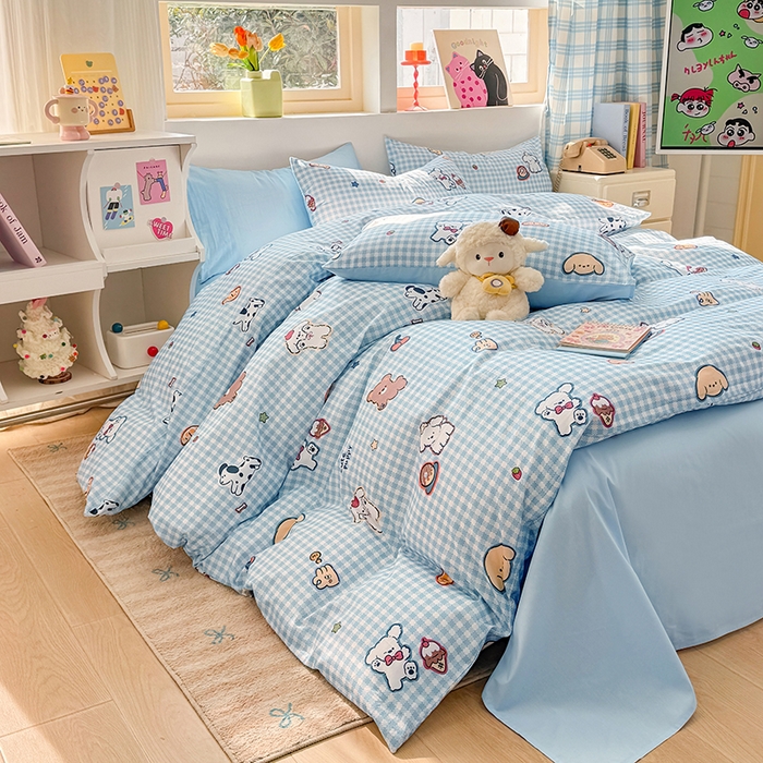 91家纺网 家纺一手货源 找家纺 缦彩 2026新款卡通全棉纯棉被套单被套被套单件 格子狗蓝