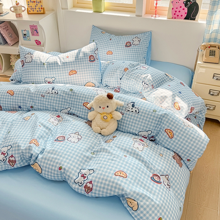 91家纺网 家纺一手货源 找家纺 缦彩 2026新款卡通全棉纯棉被套单被套被套单件 格子狗蓝