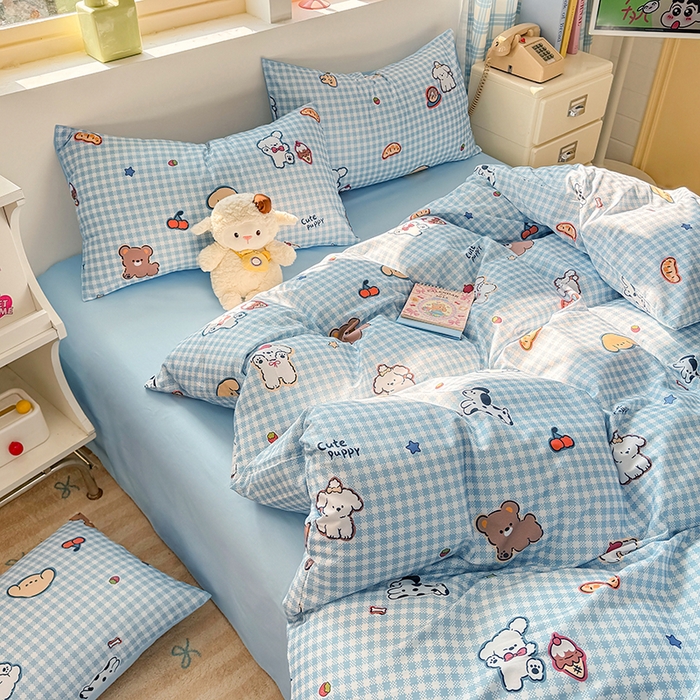 91家纺网 家纺一手货源 找家纺 缦彩 2026新款卡通全棉纯棉被套单被套被套单件 格子狗蓝