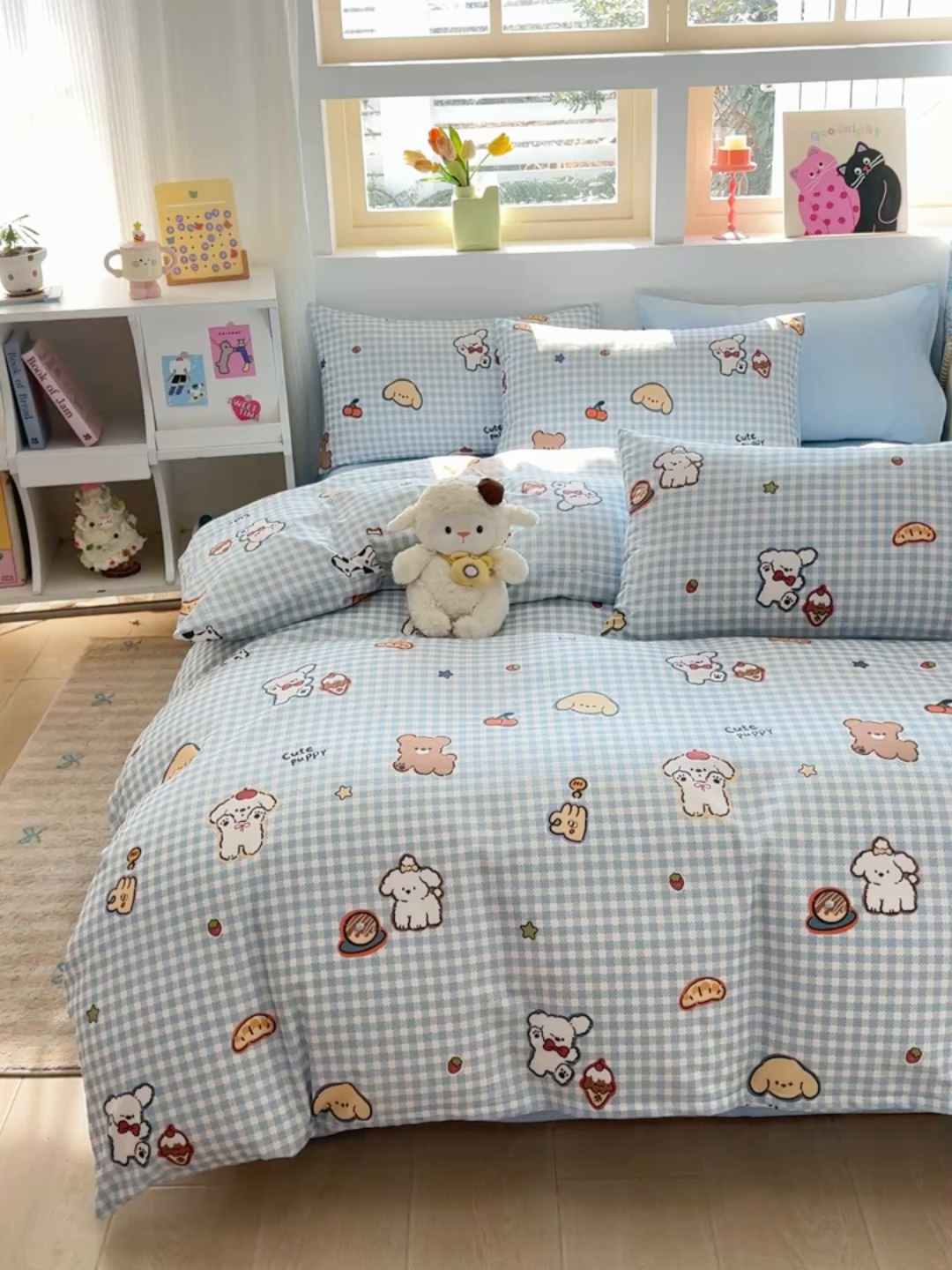 91家纺网 家纺一手货源 找家纺 缦彩 2026新款卡通全棉纯棉被套单被套被套单件 格子狗蓝