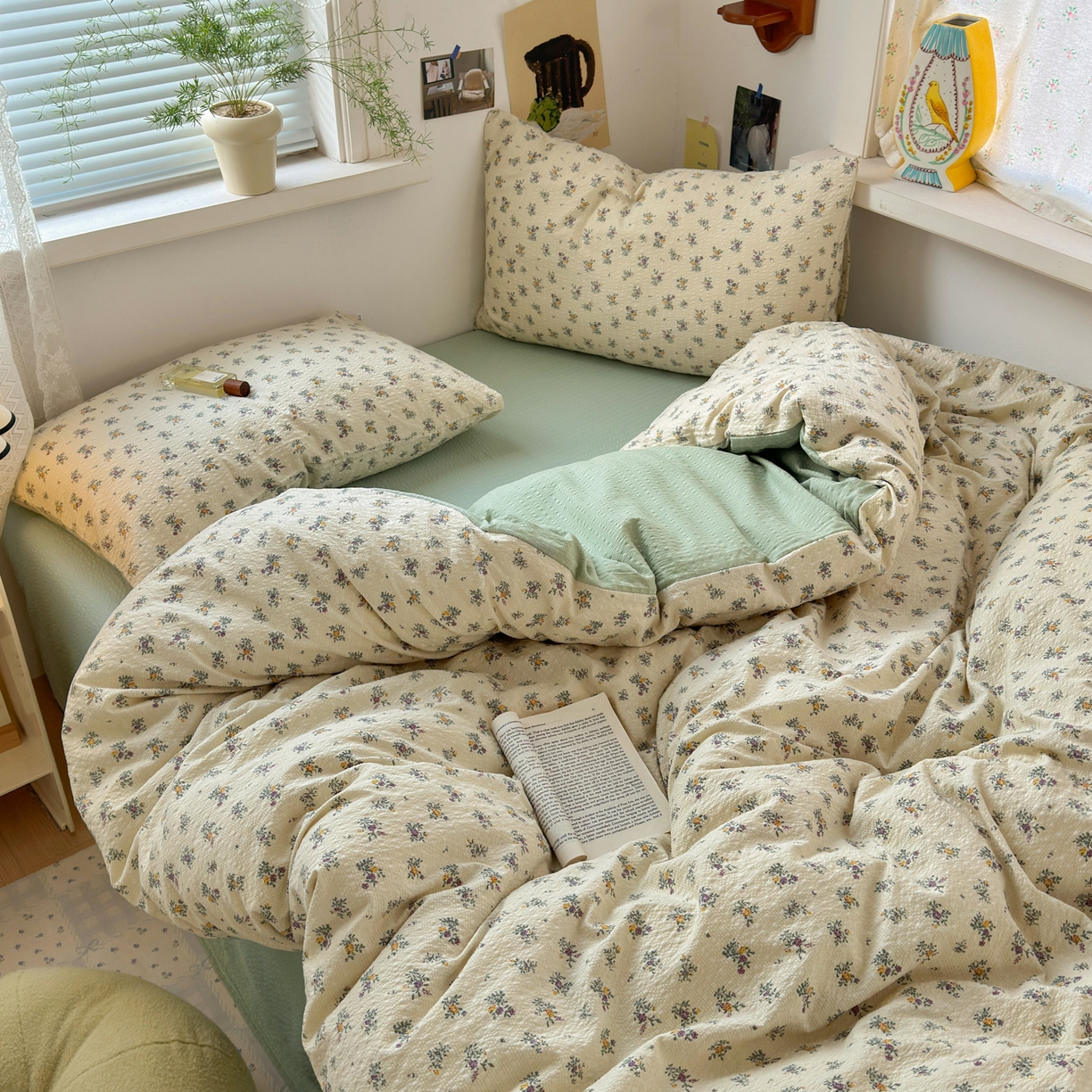 91家纺网 家纺一手货源 找家纺 （总）奈颜 2026新款A类泡芙纱小碎花四件套学生宿舍三件套