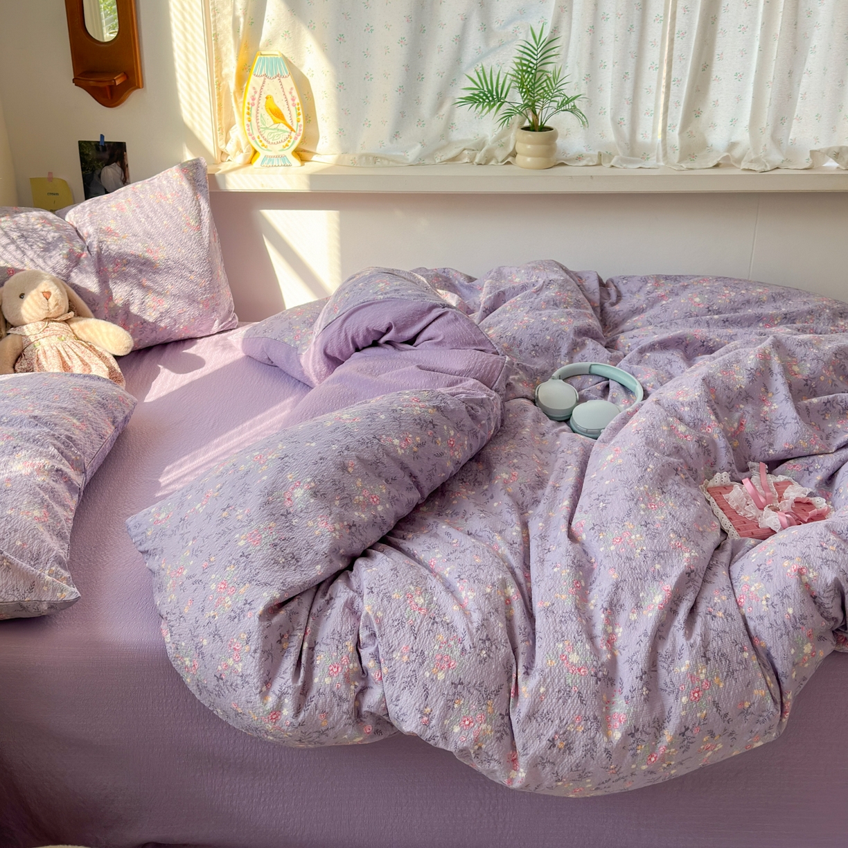 91家纺网 家纺一手货源 找家纺 奈颜 2026新款A类泡芙纱小碎花四件套学生宿舍三件套 松间茶事