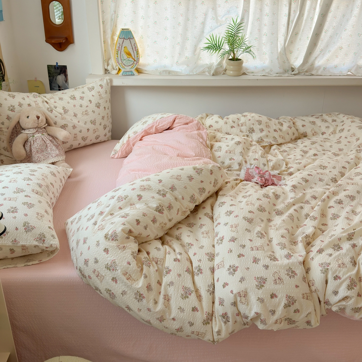 91家纺网 家纺一手货源 找家纺 奈颜 2026新款A类泡芙纱小碎花四件套学生宿舍三件套 春日甜甜