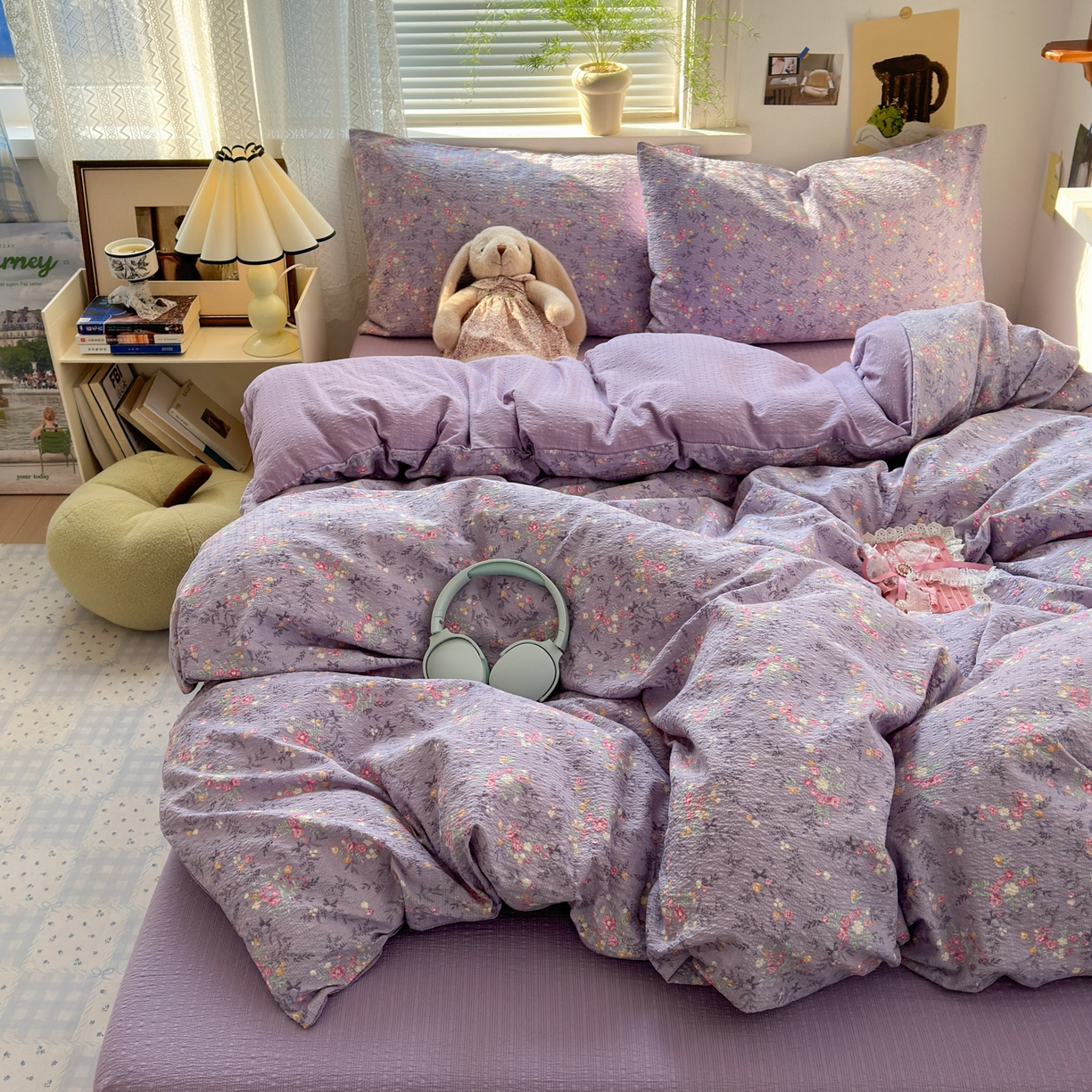 91家纺网 家纺一手货源 找家纺 奈颜 2026新款A类泡芙纱小碎花四件套学生宿舍三件套 松间茶事