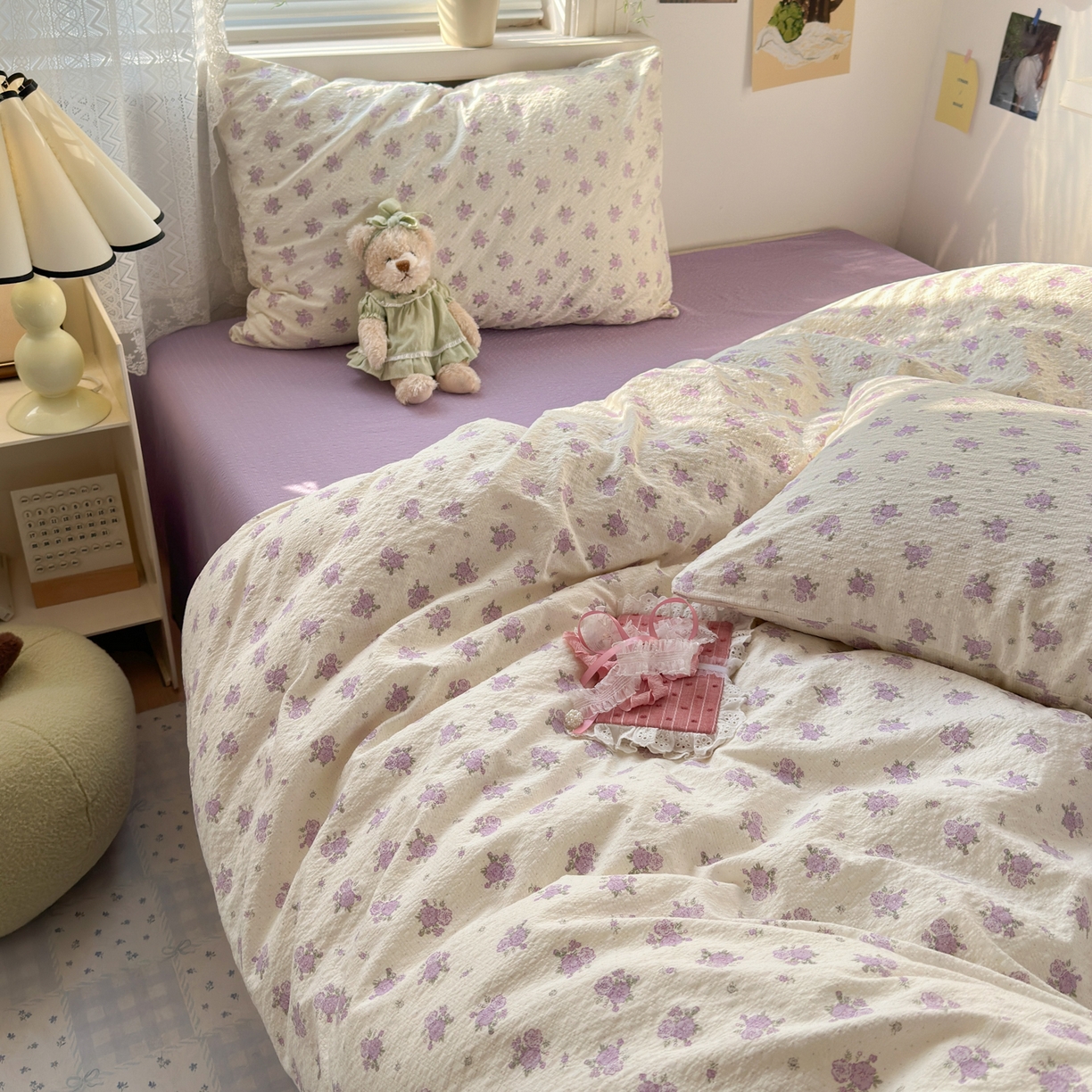 91家纺网 家纺一手货源 找家纺 奈颜 2026新款A类泡芙纱小碎花四件套学生宿舍三件套 芋泥花束