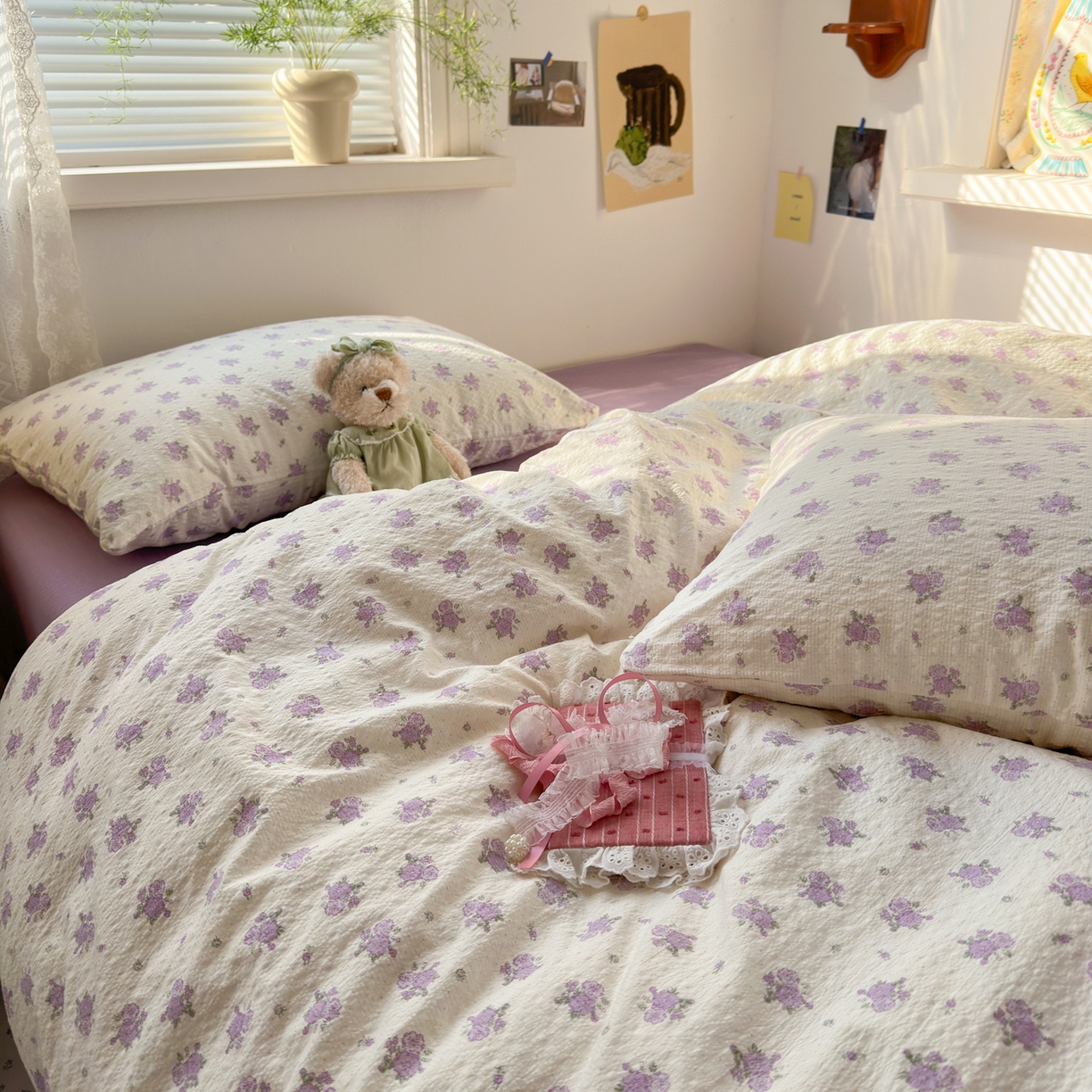 91家纺网 家纺一手货源 找家纺 奈颜 2026新款A类泡芙纱小碎花四件套学生宿舍三件套 芋泥花束