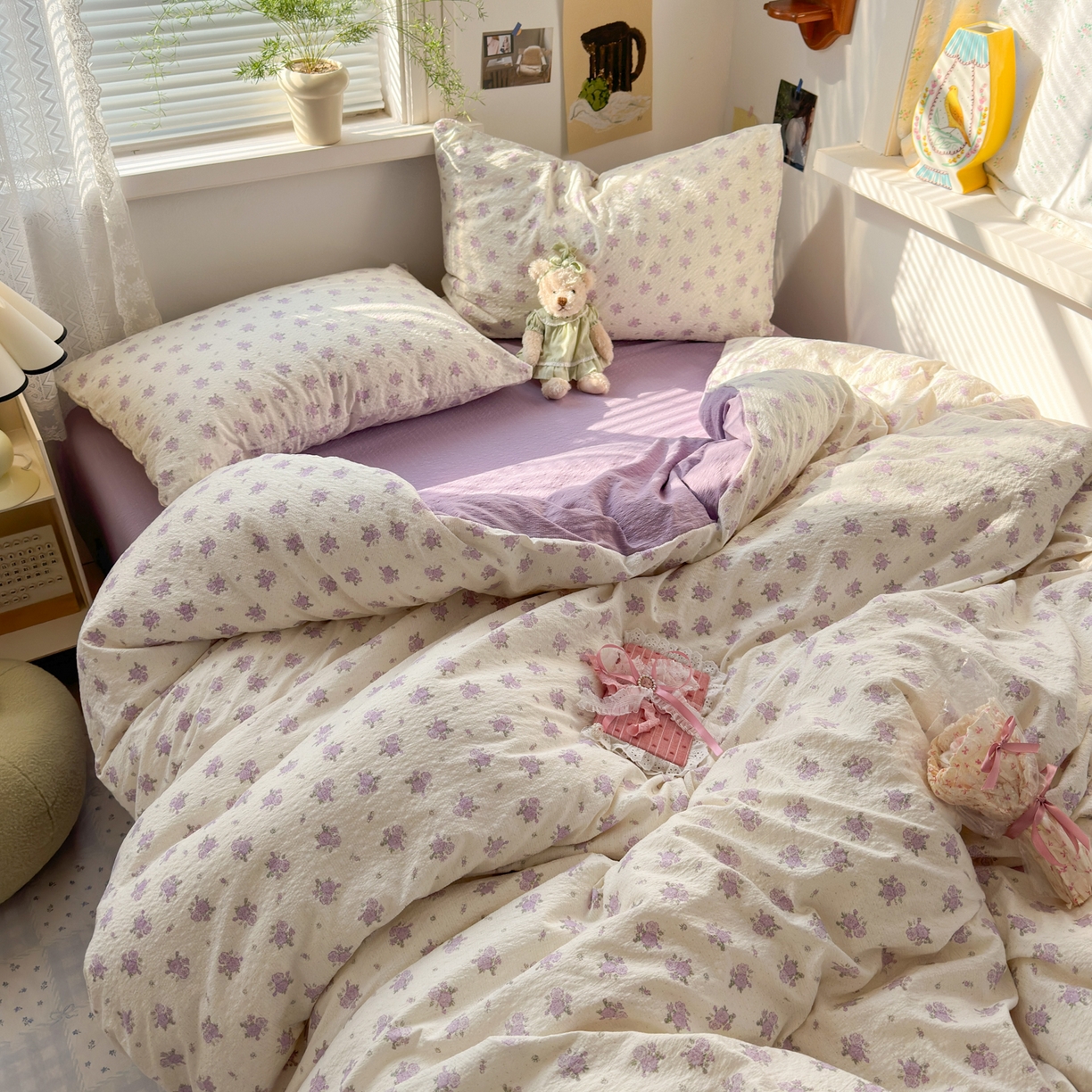 91家纺网 家纺一手货源 找家纺 奈颜 2026新款A类泡芙纱小碎花四件套学生宿舍三件套 芋泥花束