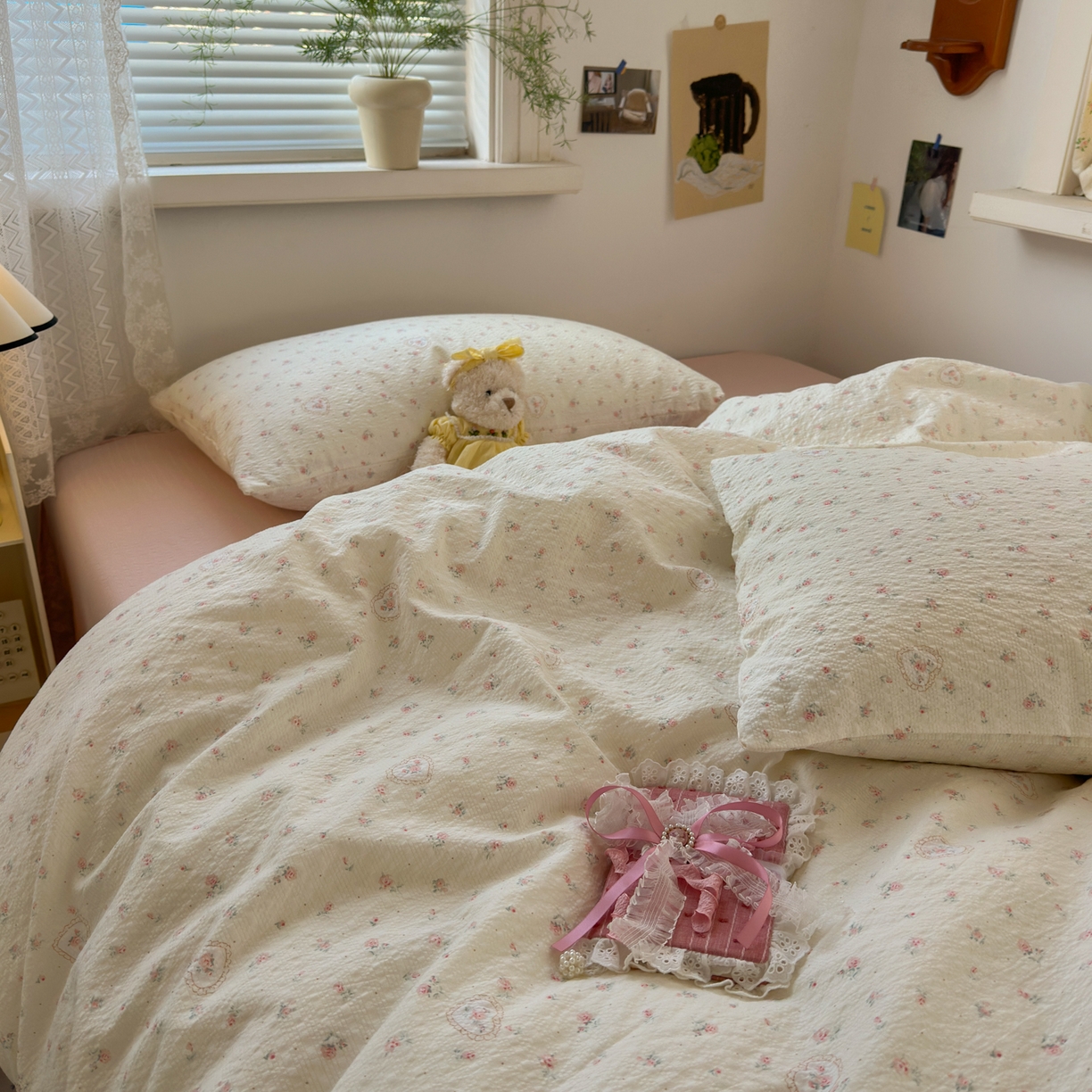 91家纺网 家纺一手货源 找家纺 奈颜 2026新款A类泡芙纱小碎花四件套学生宿舍三件套 兔崽花园