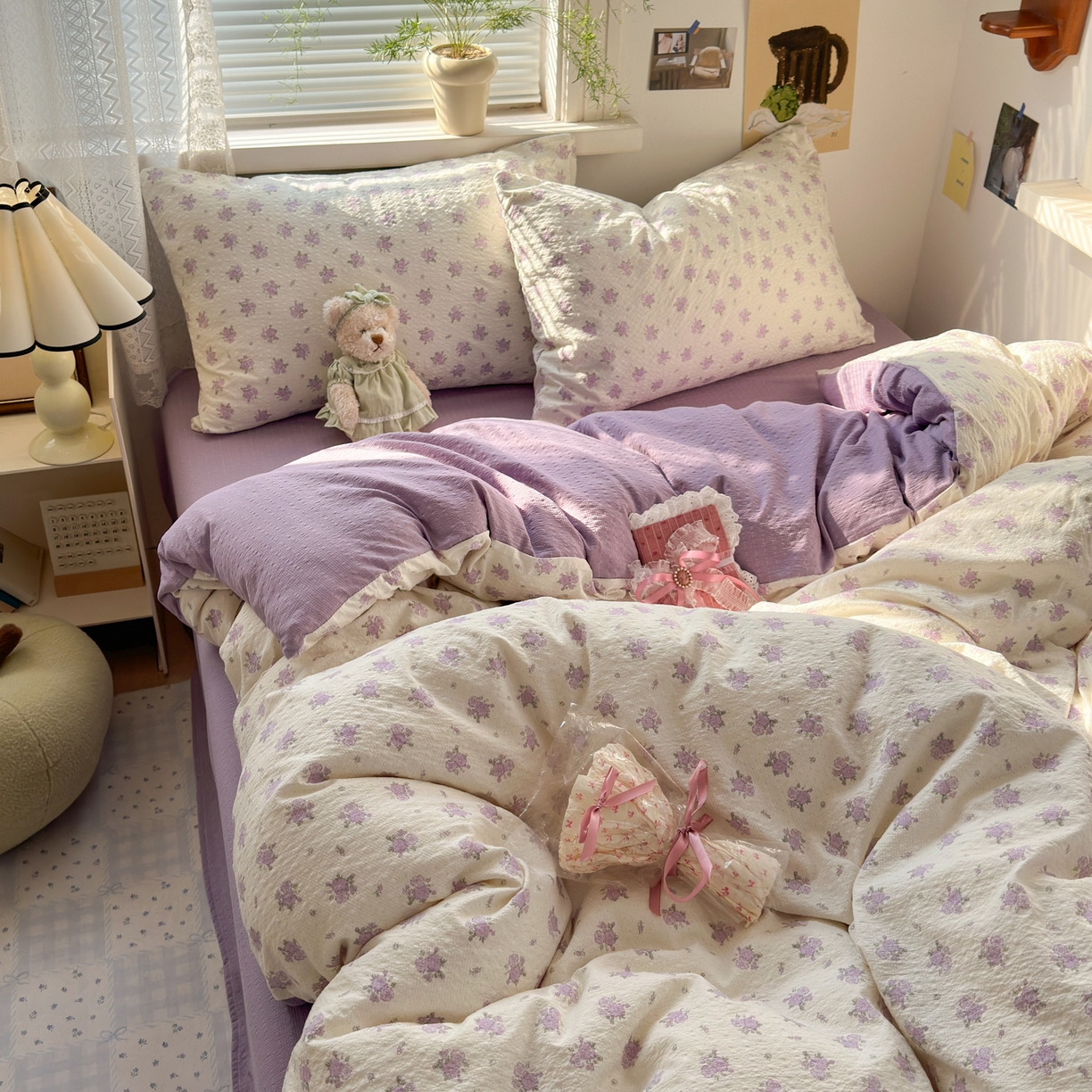 91家纺网 家纺一手货源 找家纺 奈颜 2026新款A类泡芙纱小碎花四件套学生宿舍三件套 芋泥花束