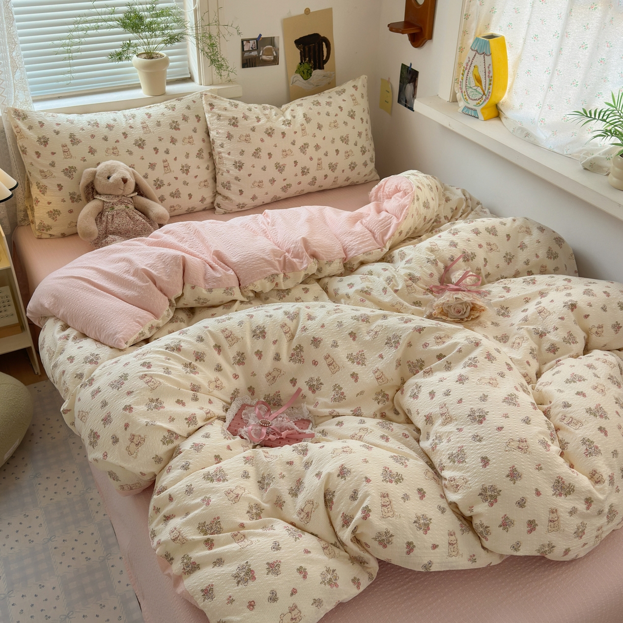 91家纺网 家纺一手货源 找家纺 奈颜 2026新款A类泡芙纱小碎花四件套学生宿舍三件套 春日甜甜