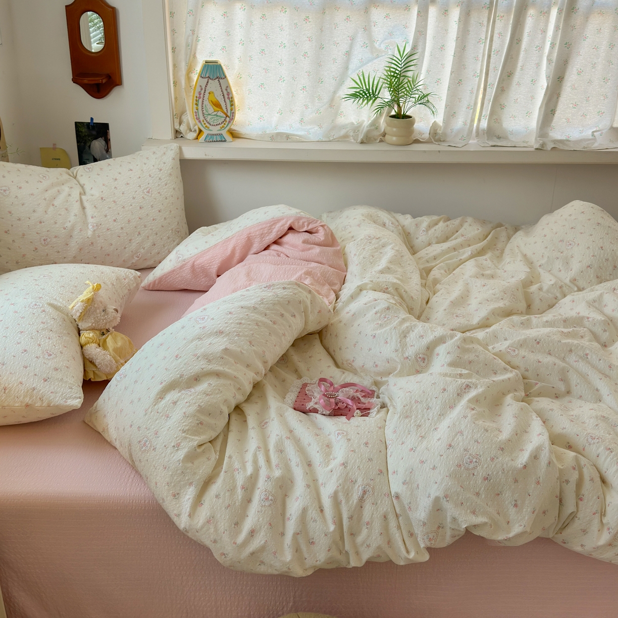 91家纺网 家纺一手货源 找家纺 奈颜 2026新款A类泡芙纱小碎花四件套学生宿舍三件套 兔崽花园