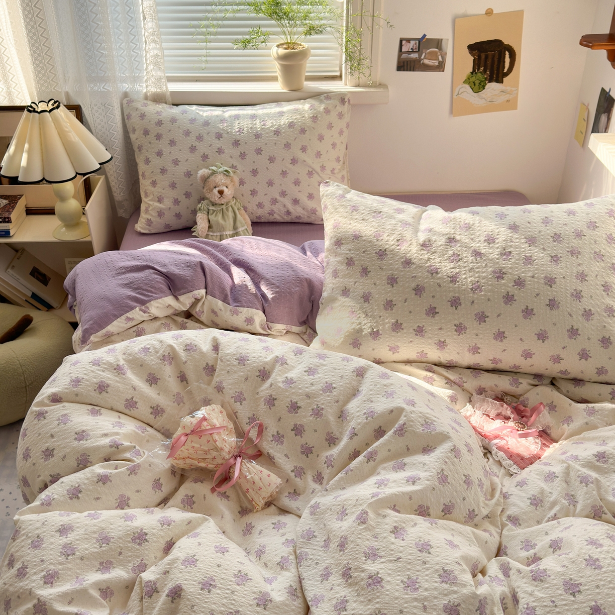 91家纺网 家纺一手货源 找家纺 奈颜 2026新款A类泡芙纱小碎花四件套学生宿舍三件套 芋泥花束