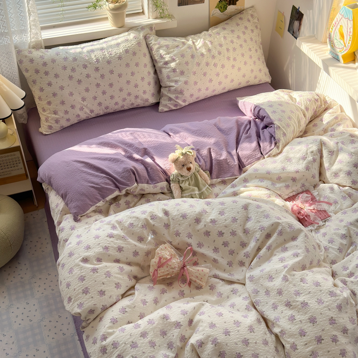 91家纺网 家纺一手货源 找家纺 奈颜 2026新款A类泡芙纱小碎花四件套学生宿舍三件套 芋泥花束