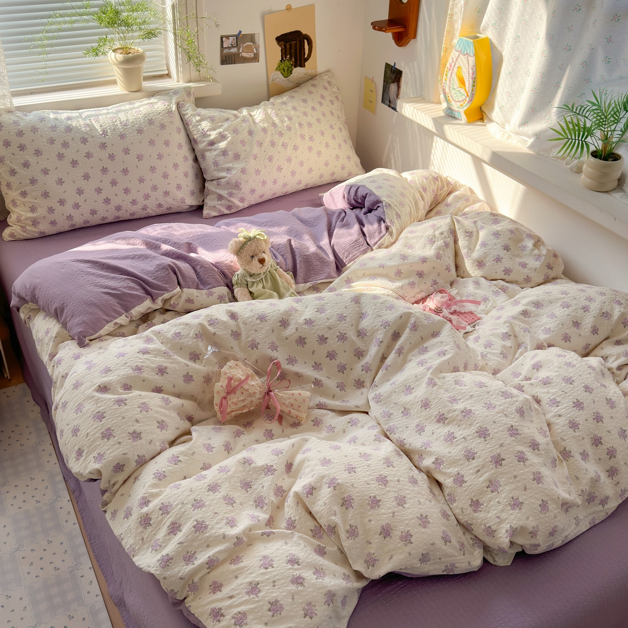 91家纺网 家纺一手货源 找家纺 奈颜 2026新款A类泡芙纱小碎花四件套学生宿舍三件套 芋泥花束