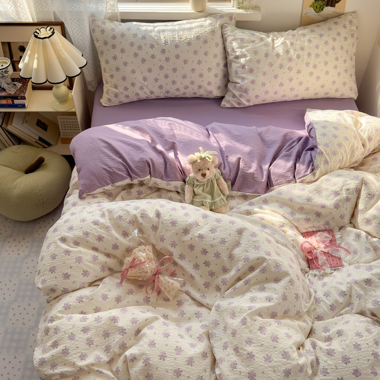 91家纺网 家纺一手货源 找家纺 奈颜 2026新款A类泡芙纱小碎花四件套学生宿舍三件套 芋泥花束