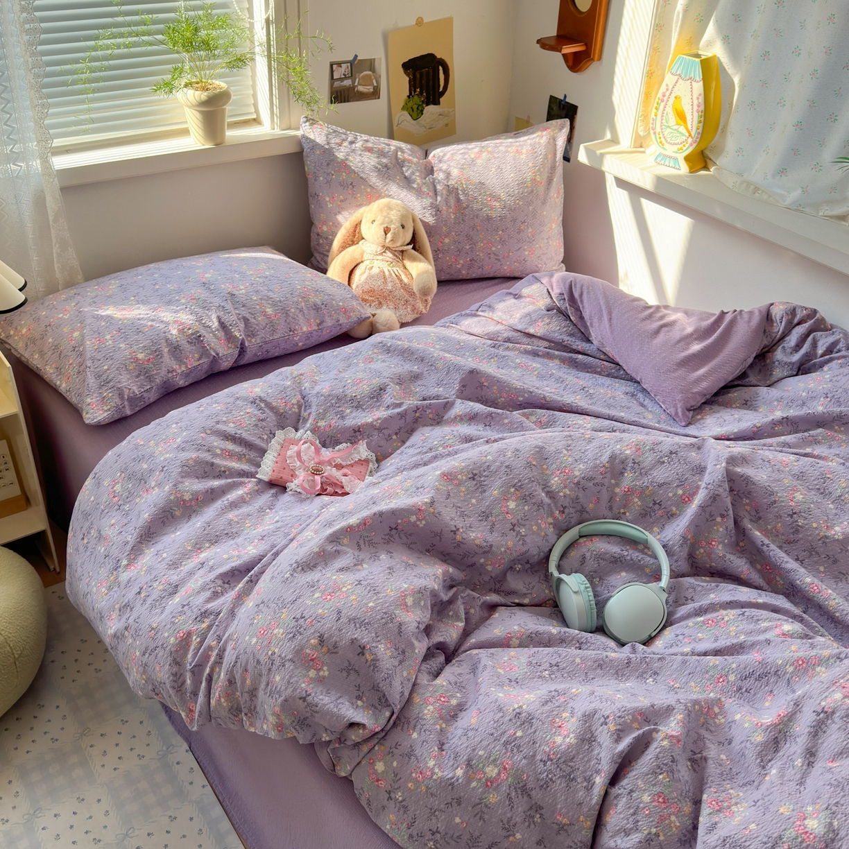 91家纺网 家纺一手货源 找家纺 奈颜 2026新款A类泡芙纱小碎花四件套学生宿舍三件套 松间茶事